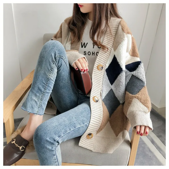 Nita | Women Argyle Button Oversized Cardigan