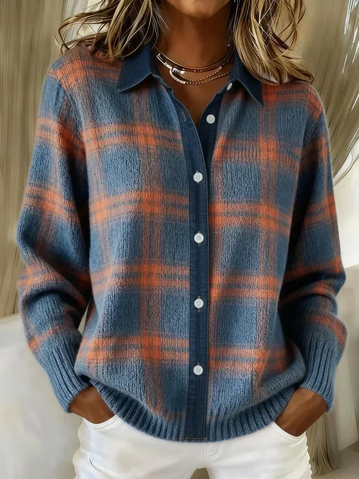 Kirsty Women Plaid Collared Button Down Knit Cardigan