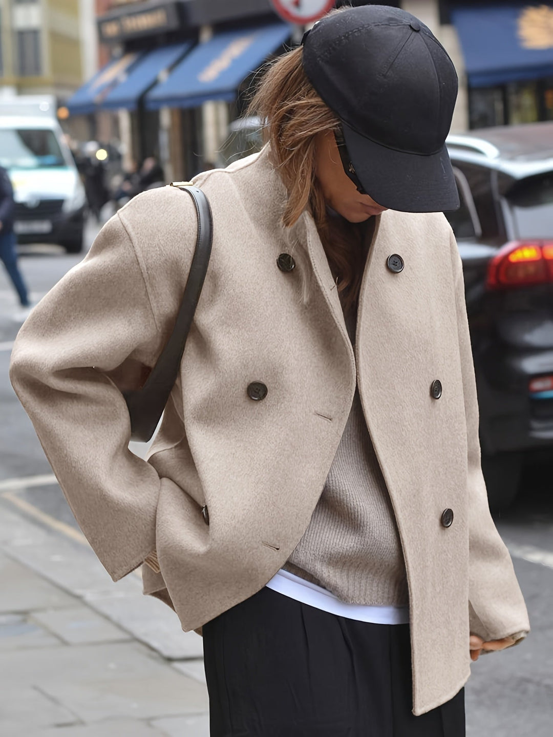 Rochelle Women Cropped Stand Collar Double Breasted Wool Blend Pea Coat