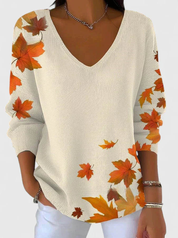 Renate | Women Leaf Print V Neck Sweater