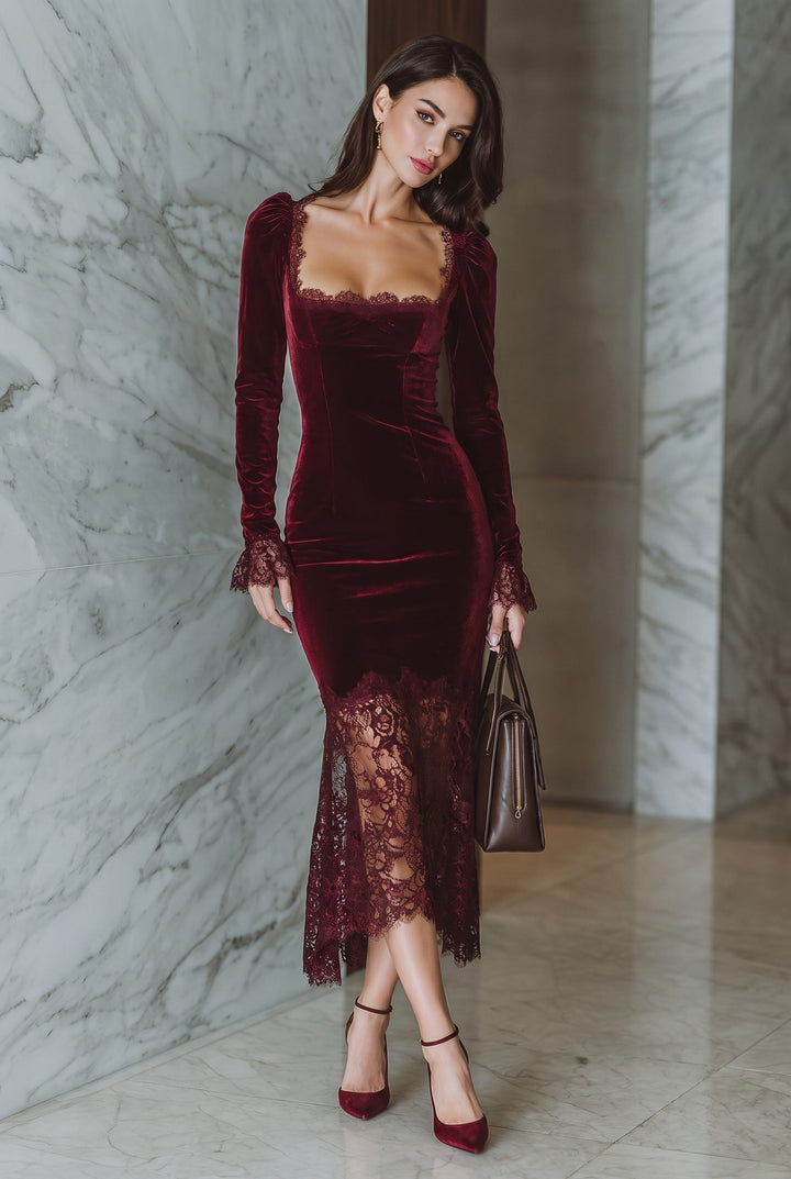 Antonella Women Velvet Lace Sweetheart Wedding Guest Dress