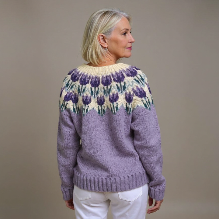 Leanne Women Floral Yoke Button Front Fairisle Sweater