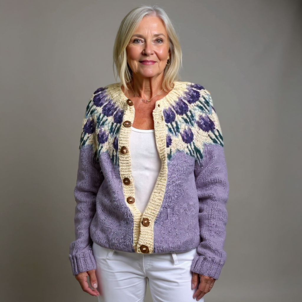 Leanne Women Floral Yoke Button Front Fairisle Sweater