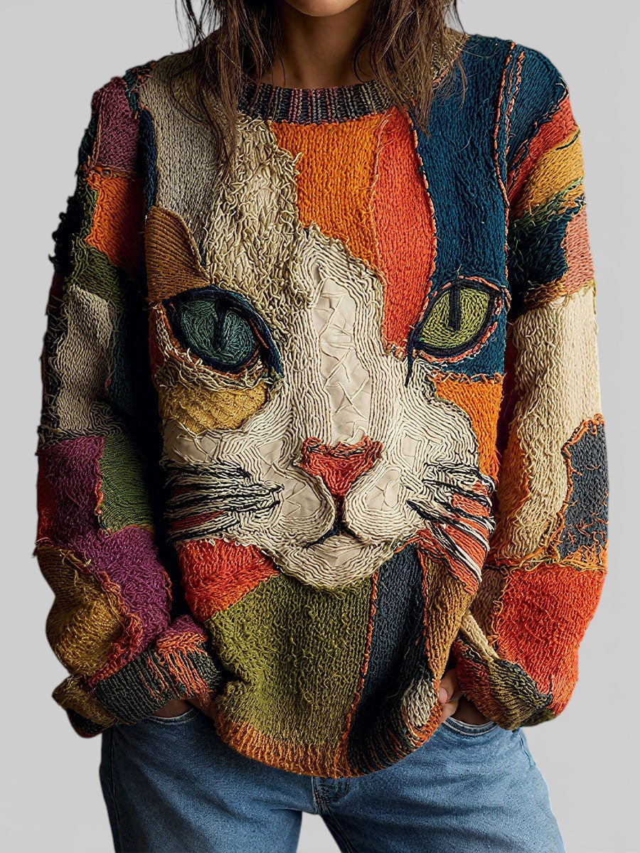 Britt | Women Cat Patchwork Knit Sweater