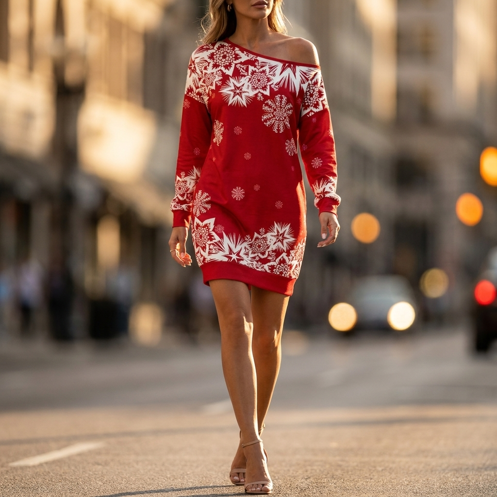 Kayleigh Women Cold Shoulder Snowflake Print Mini Christmas Dress