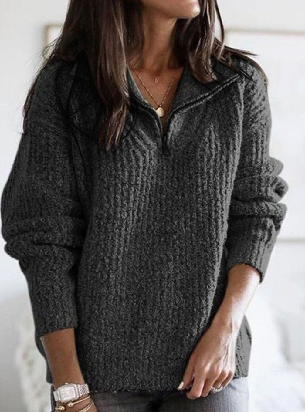 Hafwen Women Cable Knit Half Zip Collared Pullover Sweater