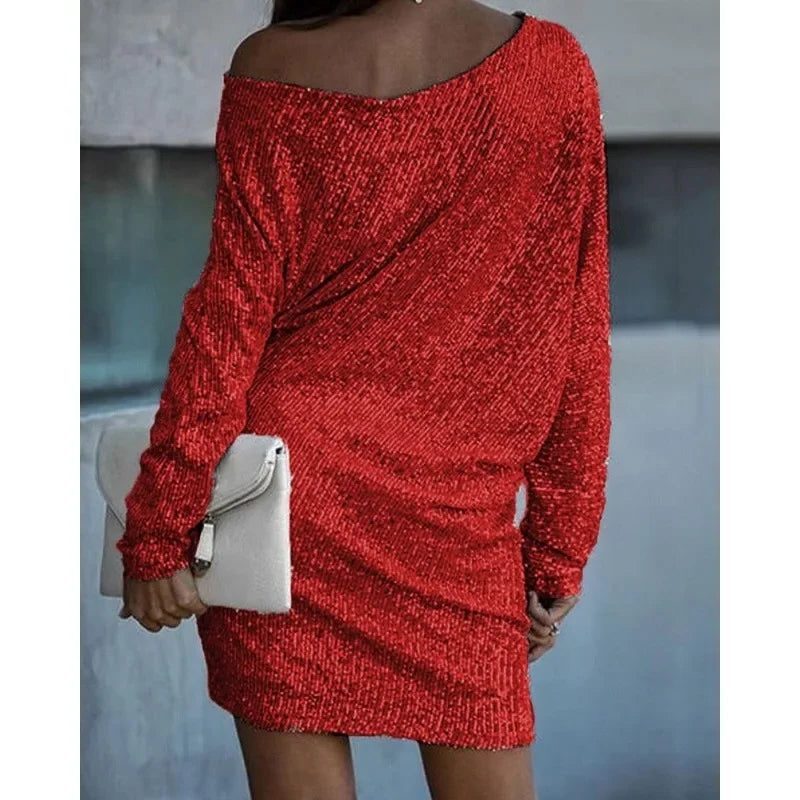Svetlana Women Sequin Off Shoulder Long Sleeve Party Dress