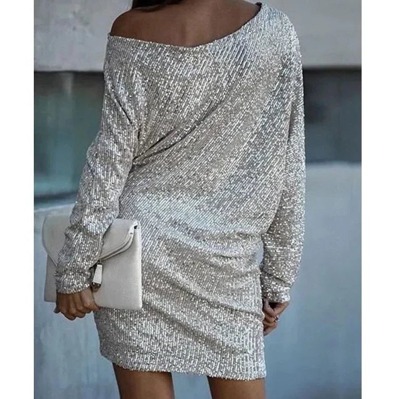 Svetlana Women Sequin Off Shoulder Long Sleeve Party Dress