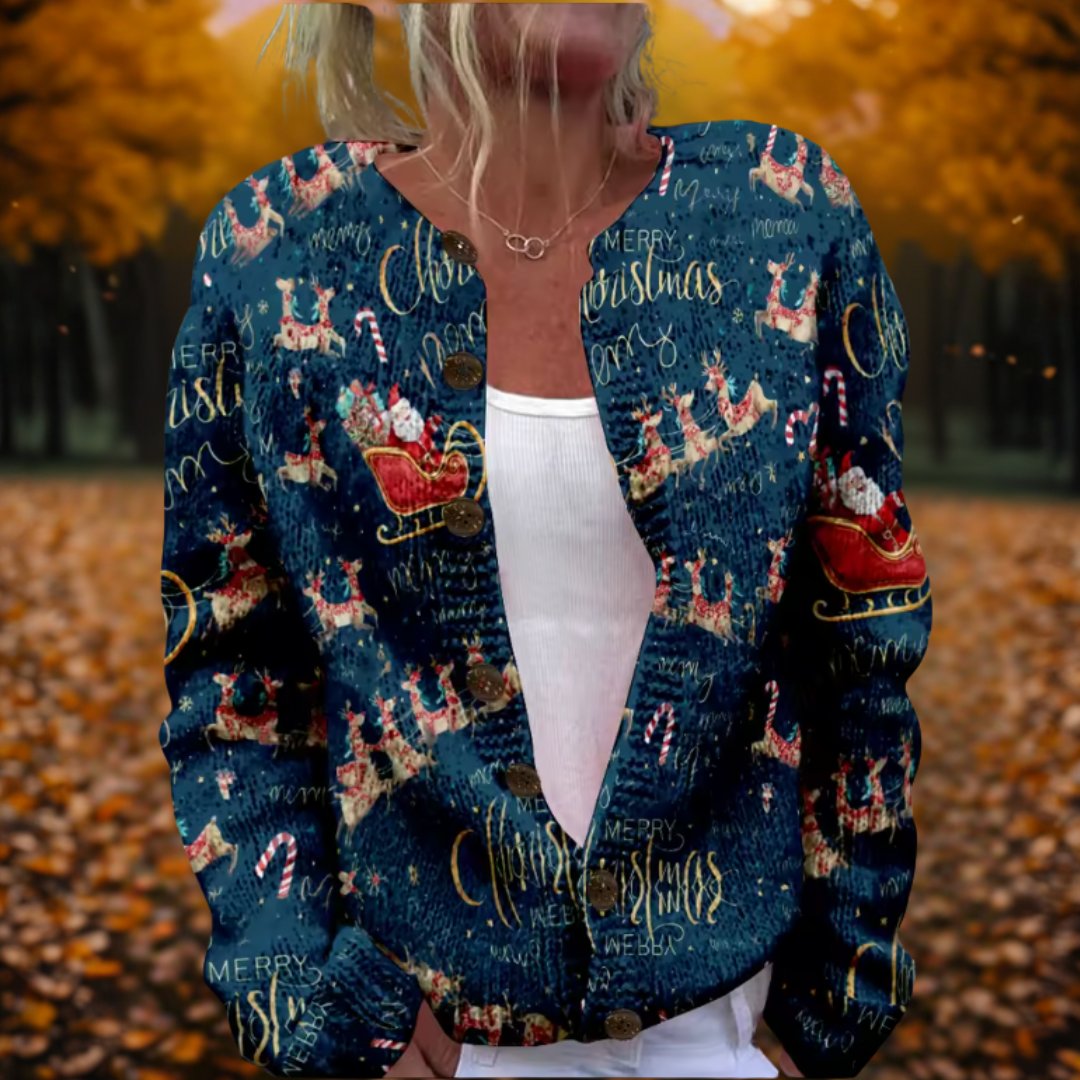 Joanne Women Reindeer Print Button Front Christmas Sweater