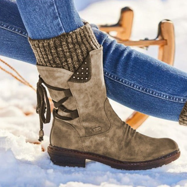 Drea | Women Knit Cuff Lace Up Mid Calf Boots