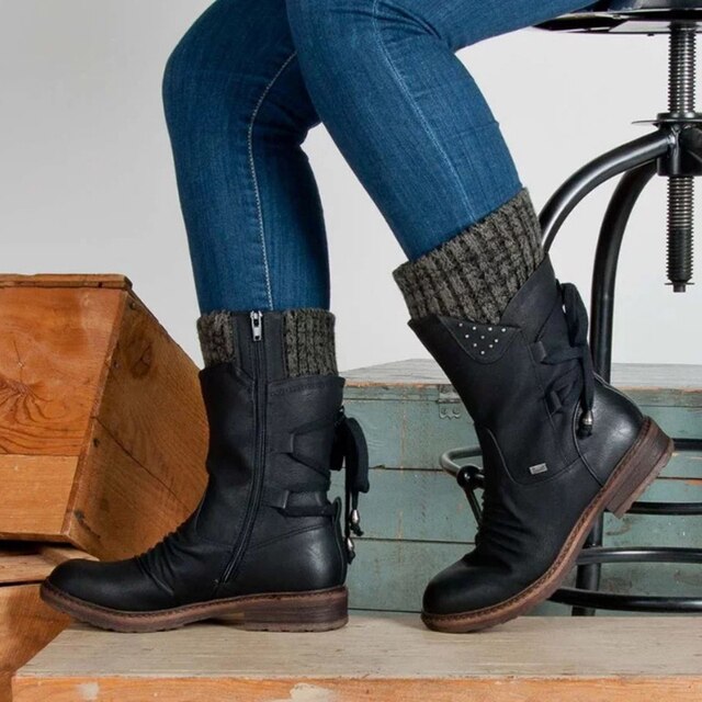 Drea | Women Knit Cuff Lace Up Mid Calf Boots