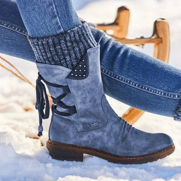 Drea | Women Knit Cuff Lace Up Mid Calf Boots