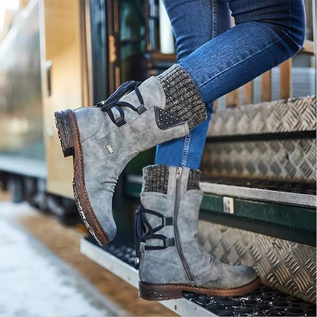 Drea | Women Knit Cuff Lace Up Mid Calf Boots