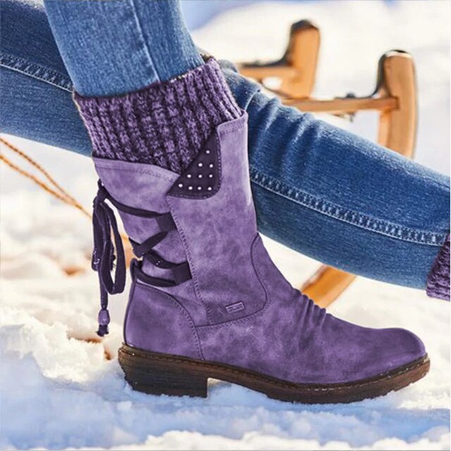 Drea | Women Knit Cuff Lace Up Mid Calf Boots
