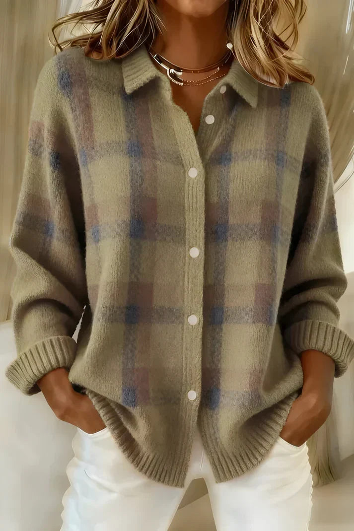 Kirsty Women Plaid Collared Button Down Knit Cardigan