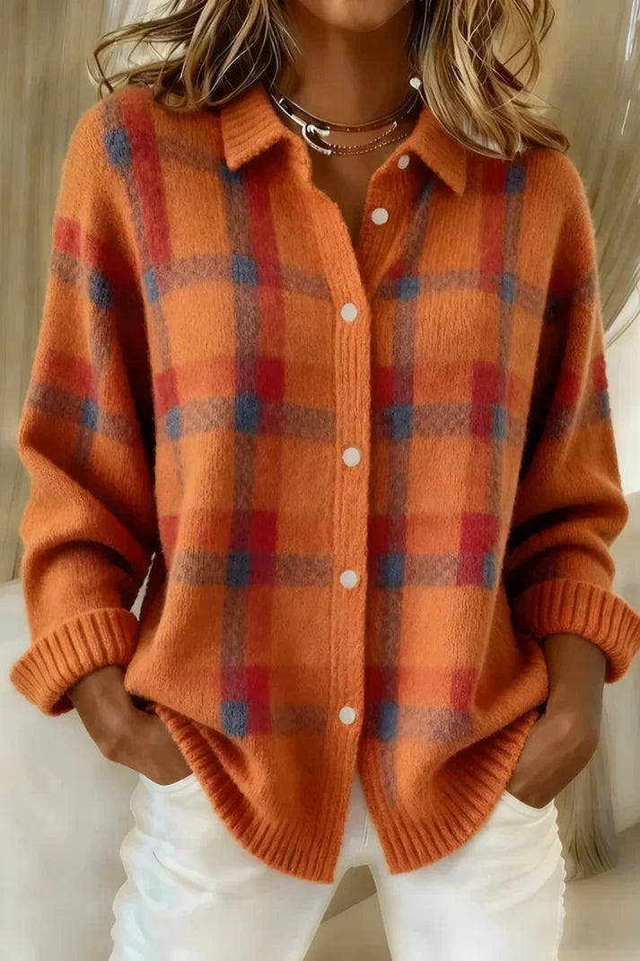 Kirsty Women Plaid Collared Button Down Knit Cardigan