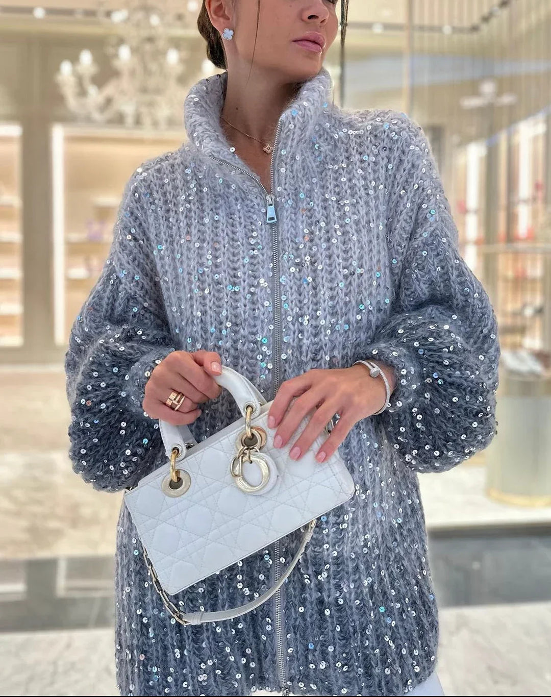 Molly | Women Sequin Zip Knit Sweater