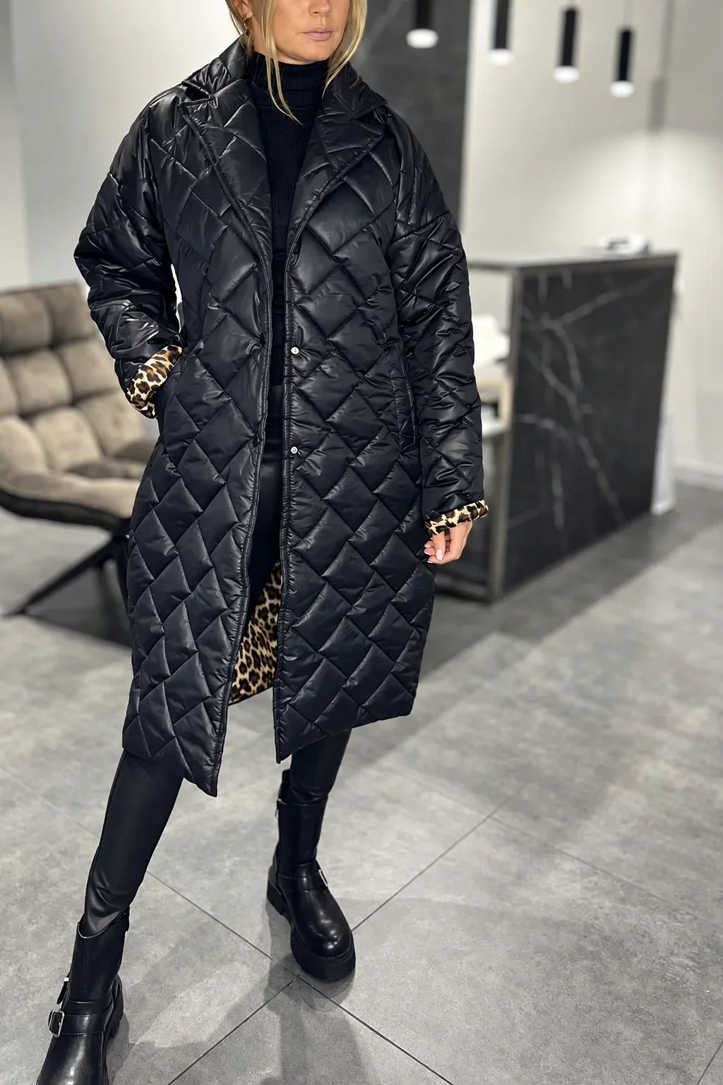 Quirina Women Leopard Lined Long Quilted Puffer Jacket