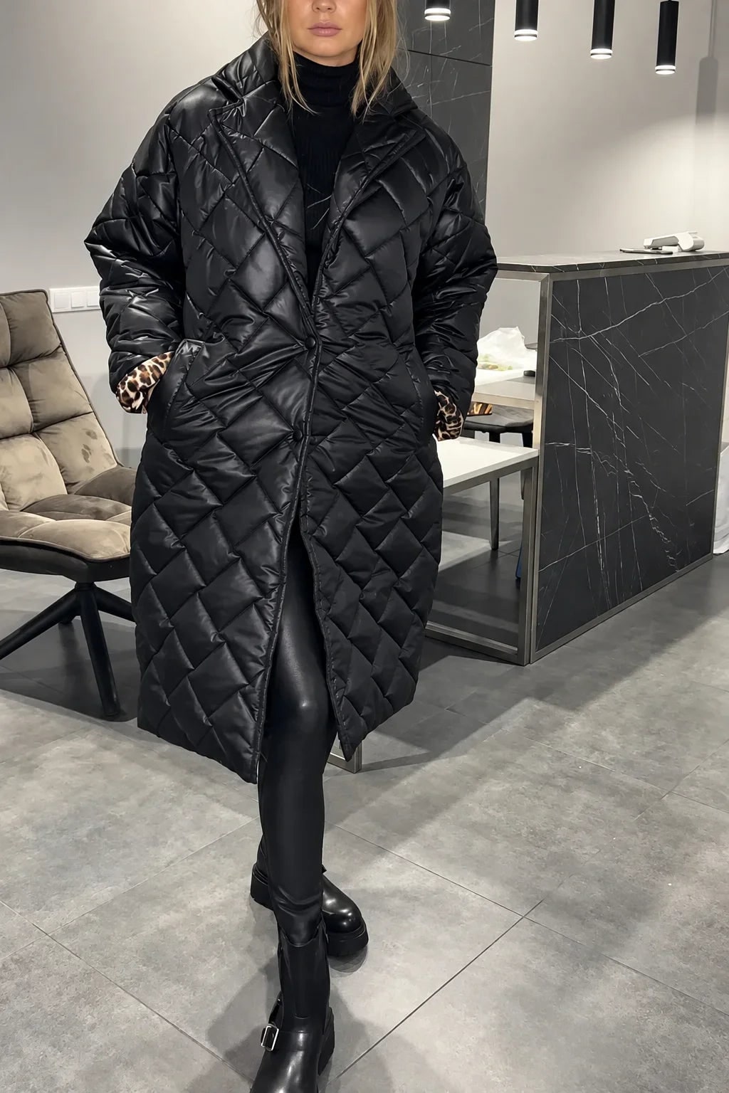 Quirina Women Leopard Lined Long Quilted Puffer Jacket