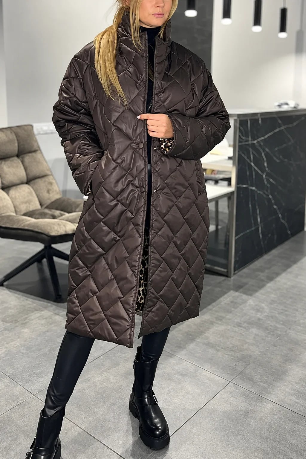Quirina Women Leopard Lined Long Quilted Puffer Jacket
