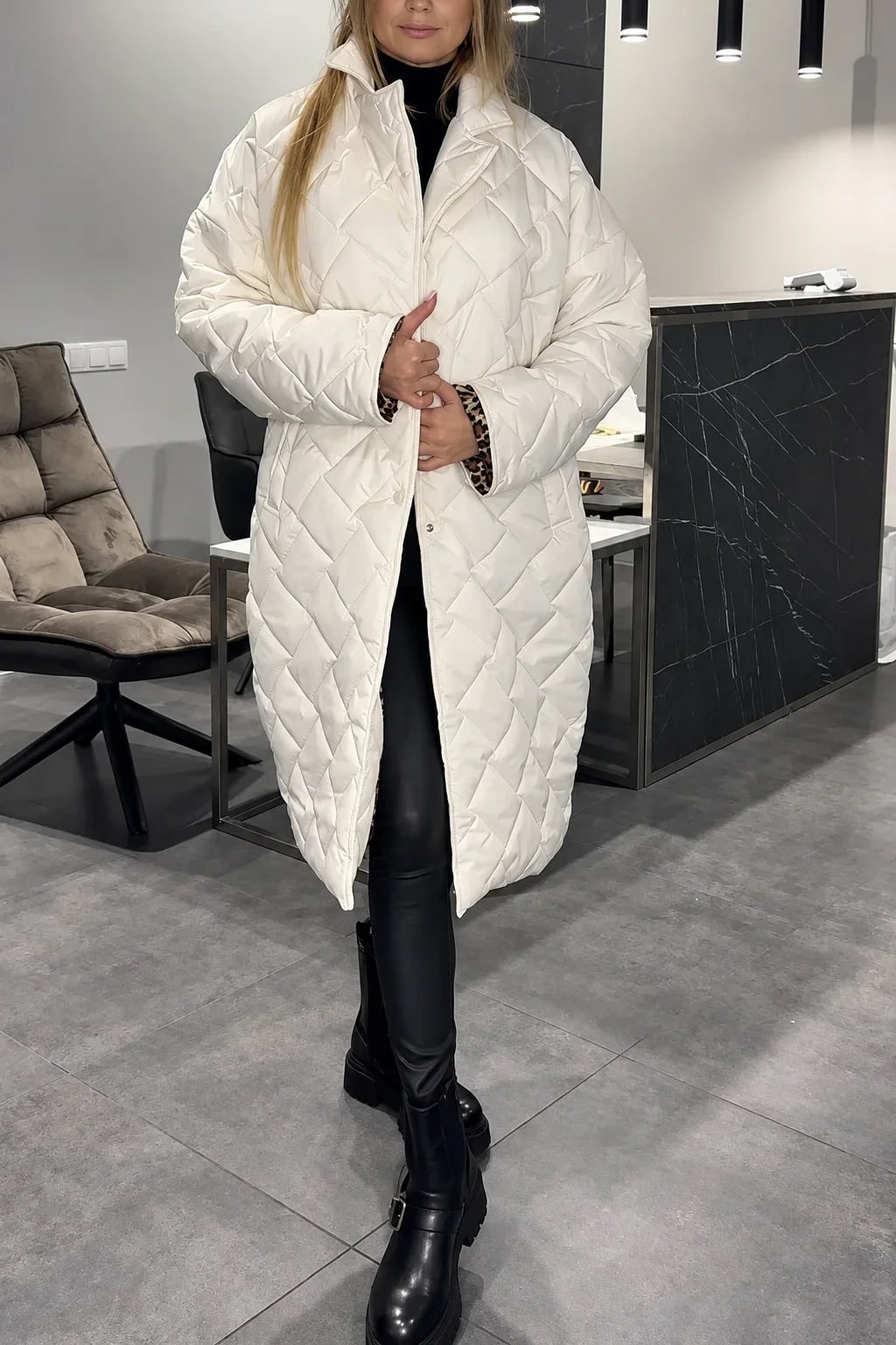 Quirina Women Leopard Lined Long Quilted Puffer Jacket