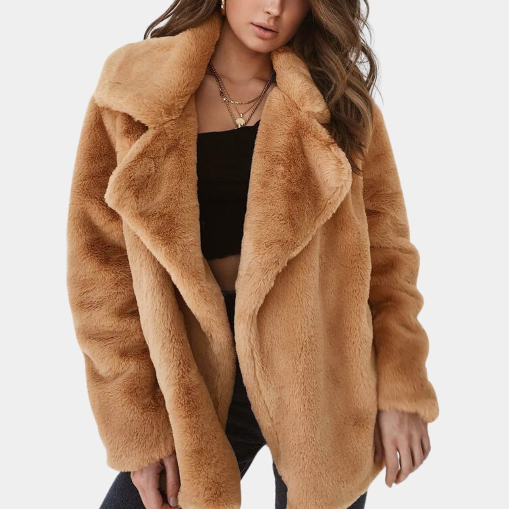 Tiziana Women Notched Lapel Open Front Faux Fur Jacket