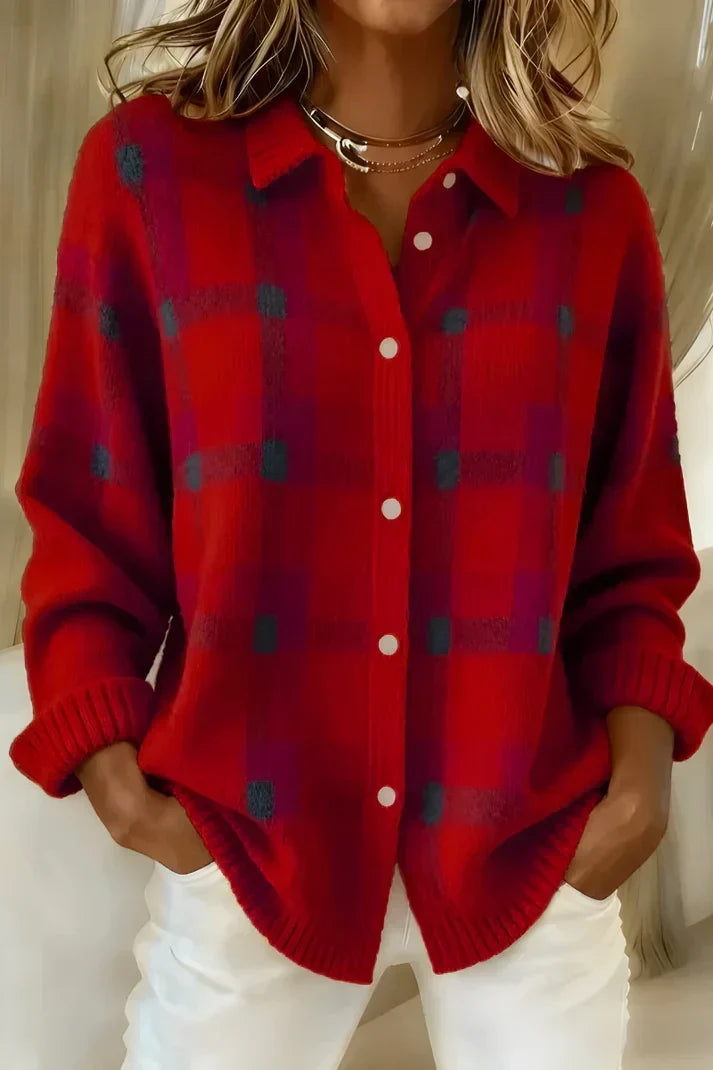 Kirsty Women Plaid Collared Button Down Knit Cardigan