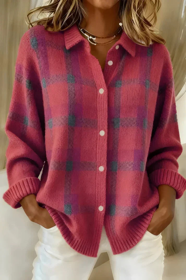 Kirsty Women Plaid Collared Button Down Knit Cardigan