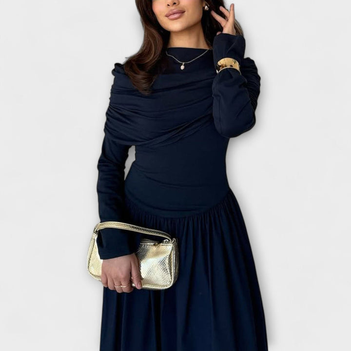 Teodora Women Pleated Yoke High Neck A Line Dress