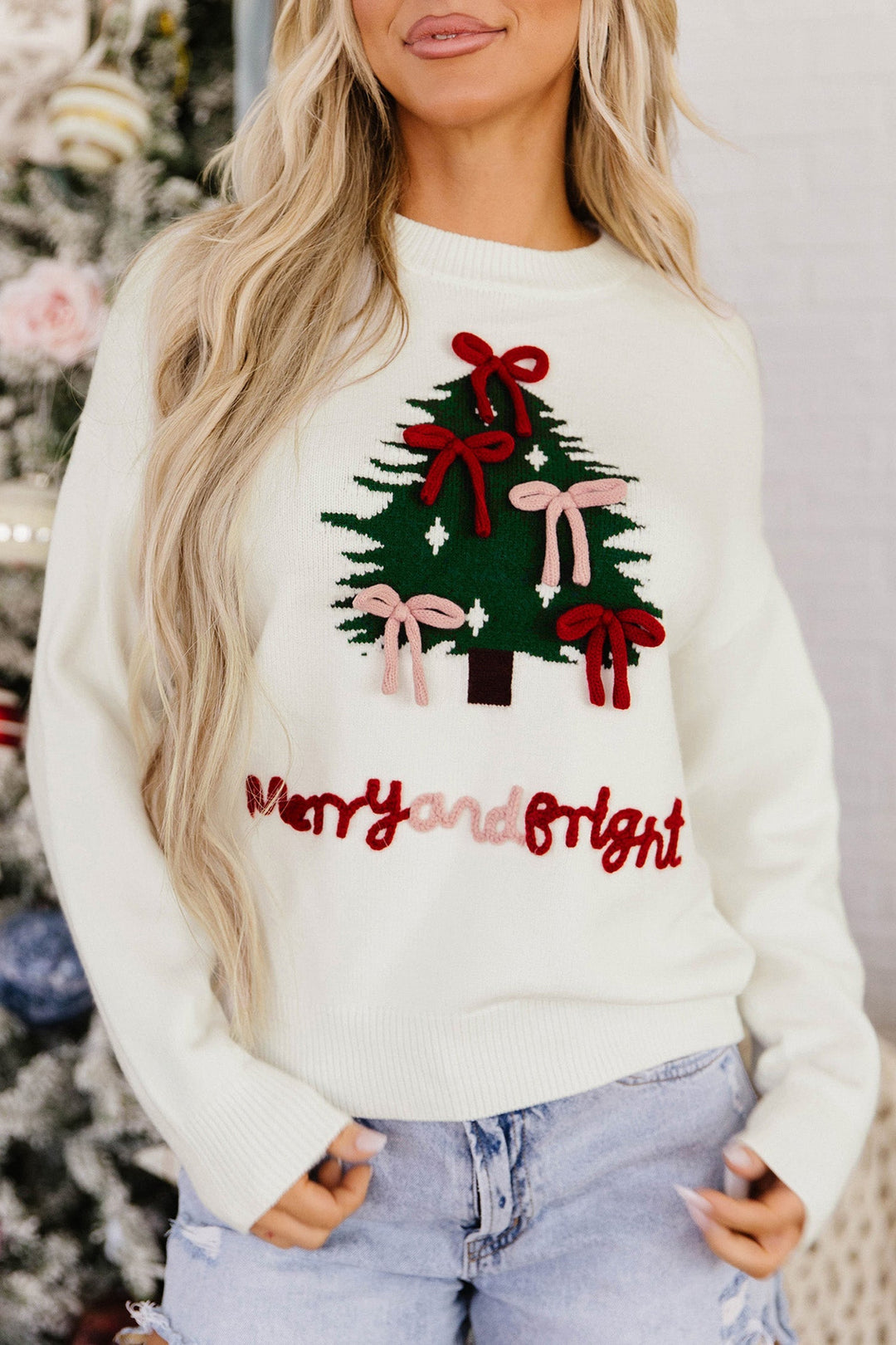 Pomona Women Tree and Bow Applique Christmas Sweater