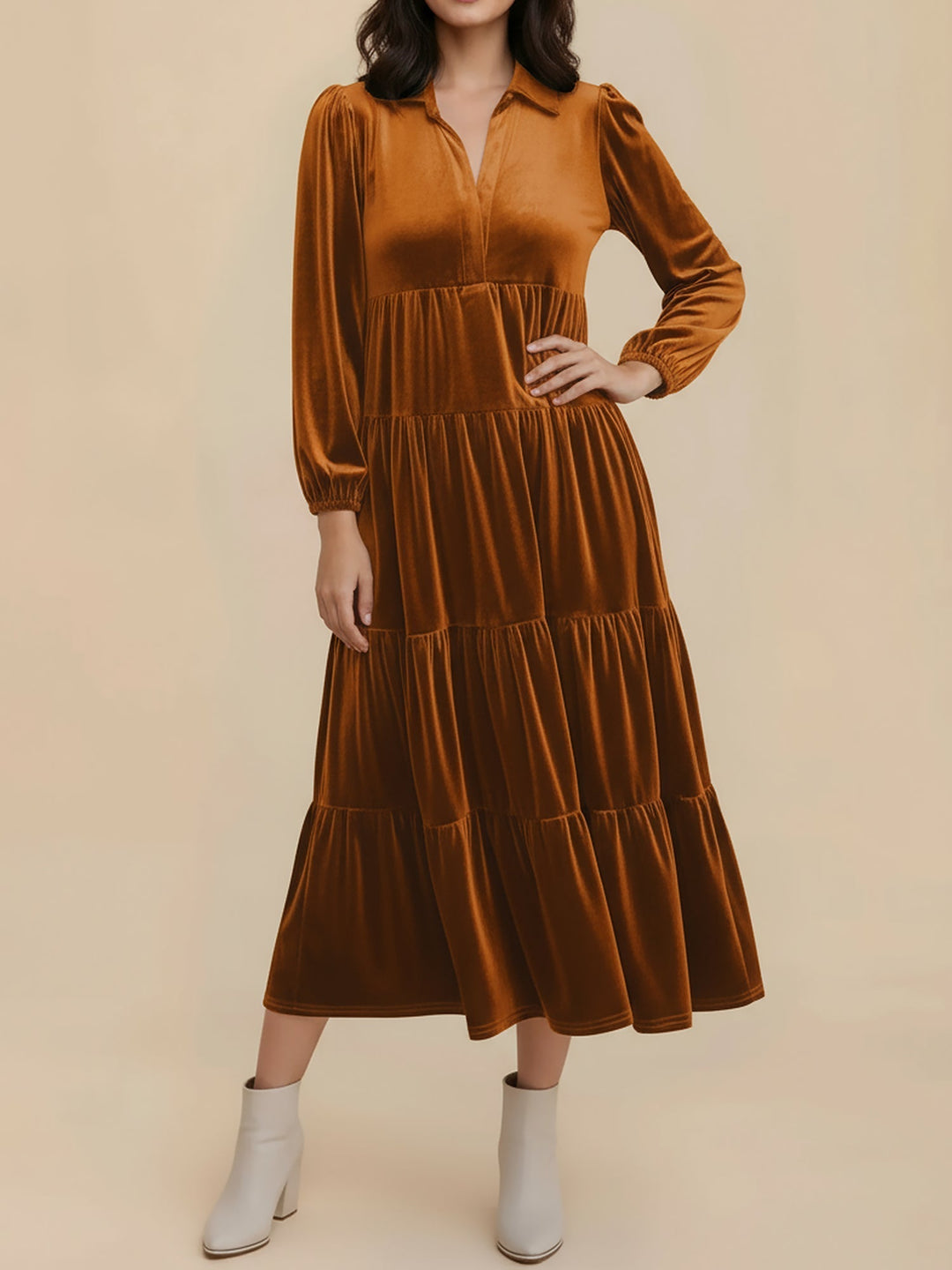 Gabrielle Women Velvet Tiered Long Sleeve Midi Holiday Dress