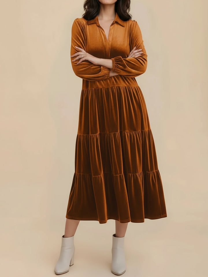 Gabrielle Women Velvet Tiered Long Sleeve Midi Holiday Dress