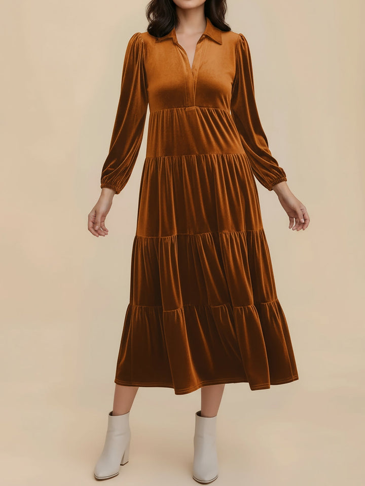 Gabrielle Women Velvet Tiered Long Sleeve Midi Holiday Dress