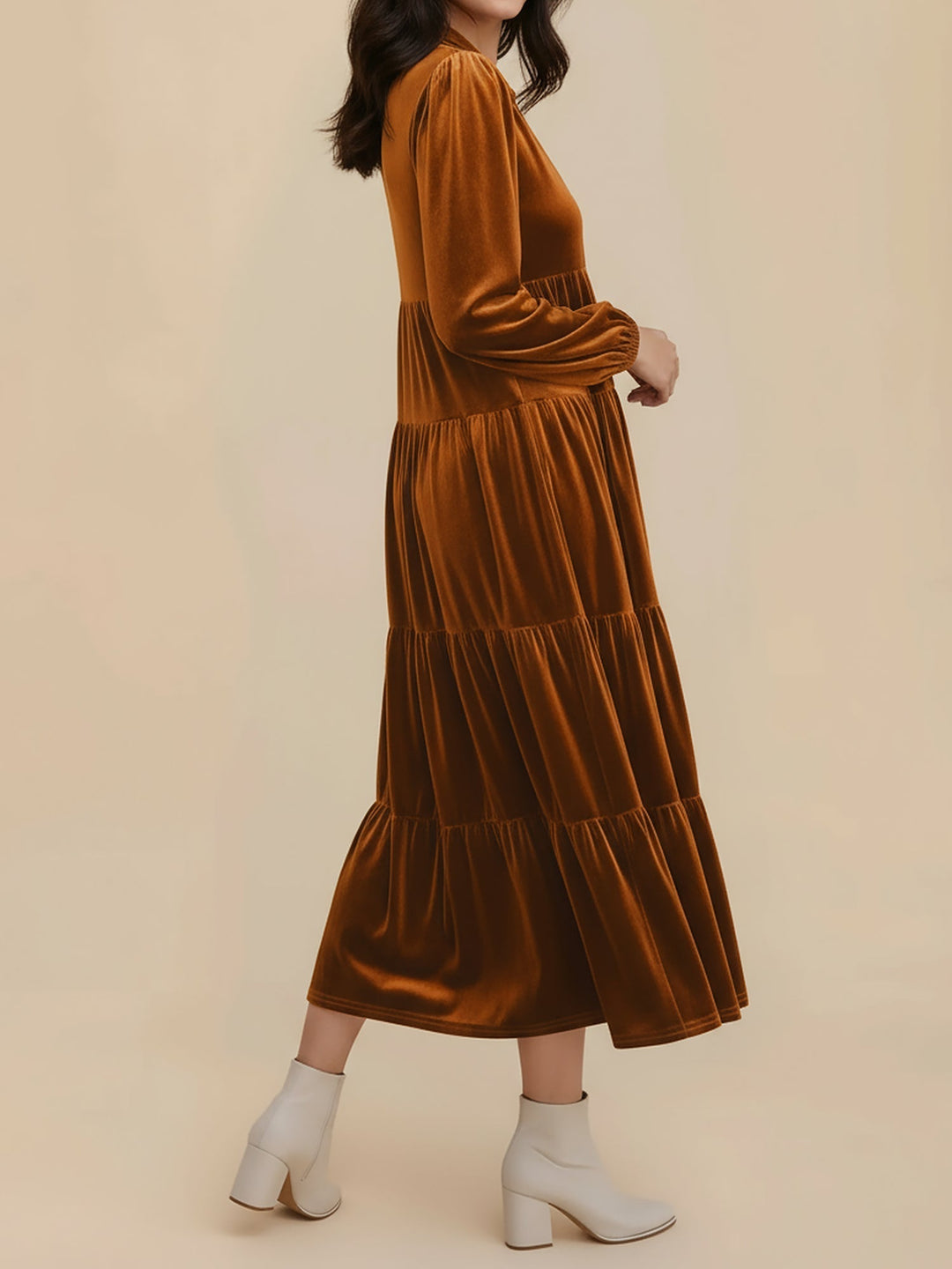Gabrielle Women Velvet Tiered Long Sleeve Midi Holiday Dress