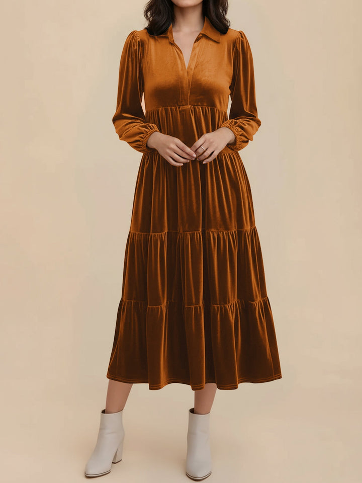 Gabrielle Women Velvet Tiered Long Sleeve Midi Holiday Dress