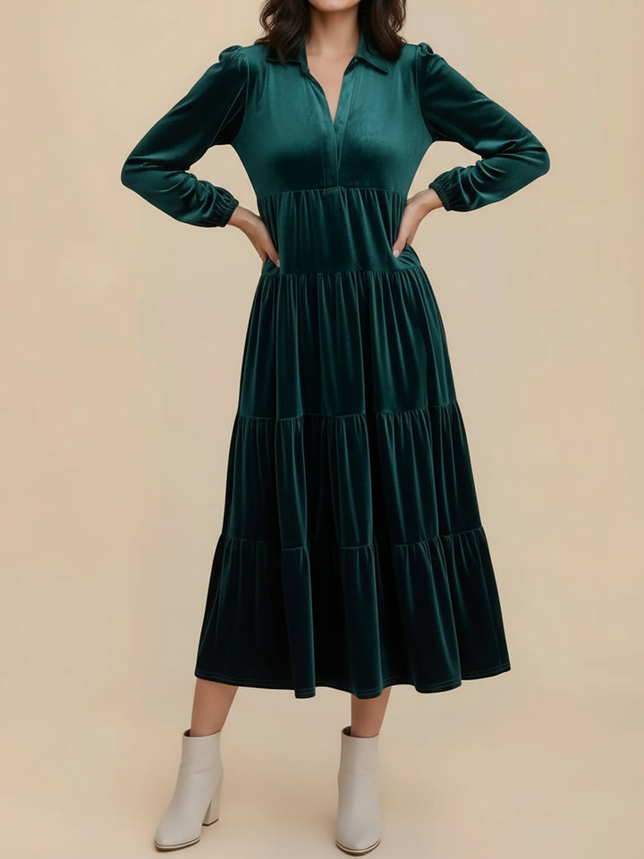 Gabrielle Women Velvet Tiered Long Sleeve Midi Holiday Dress