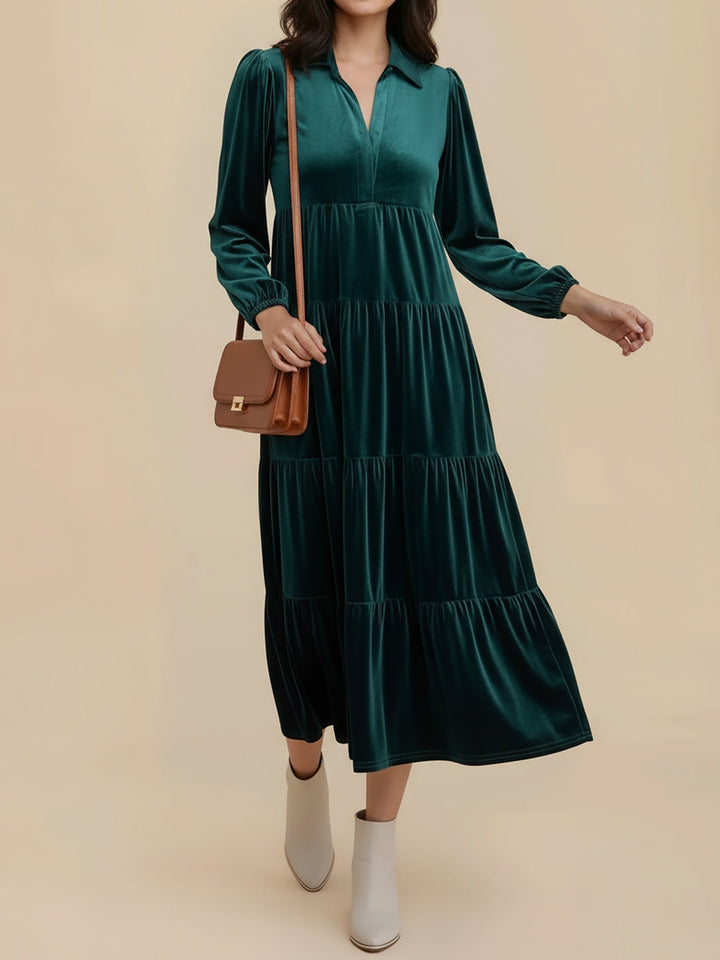 Gabrielle Women Velvet Tiered Long Sleeve Midi Holiday Dress