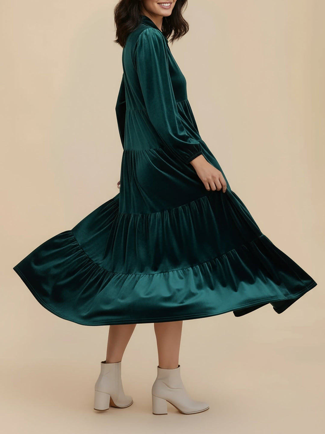 Gabrielle Women Velvet Tiered Long Sleeve Midi Holiday Dress