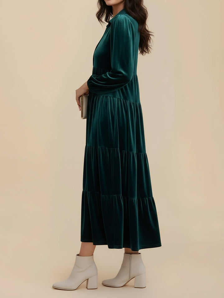 Gabrielle Women Velvet Tiered Long Sleeve Midi Holiday Dress