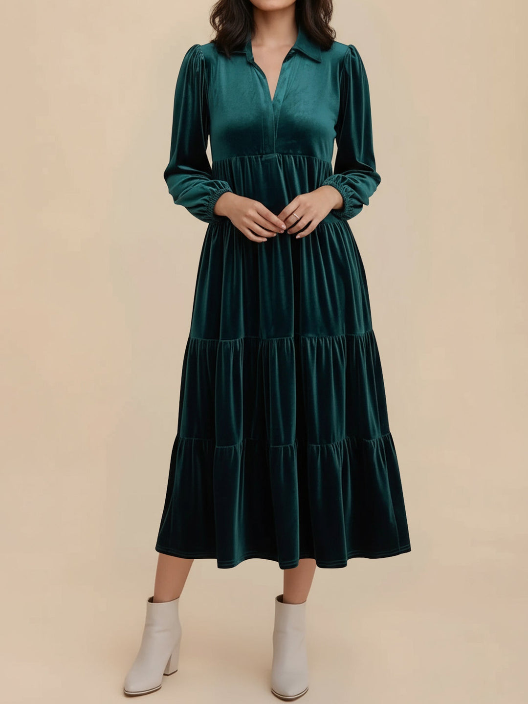 Gabrielle Women Velvet Tiered Long Sleeve Midi Holiday Dress