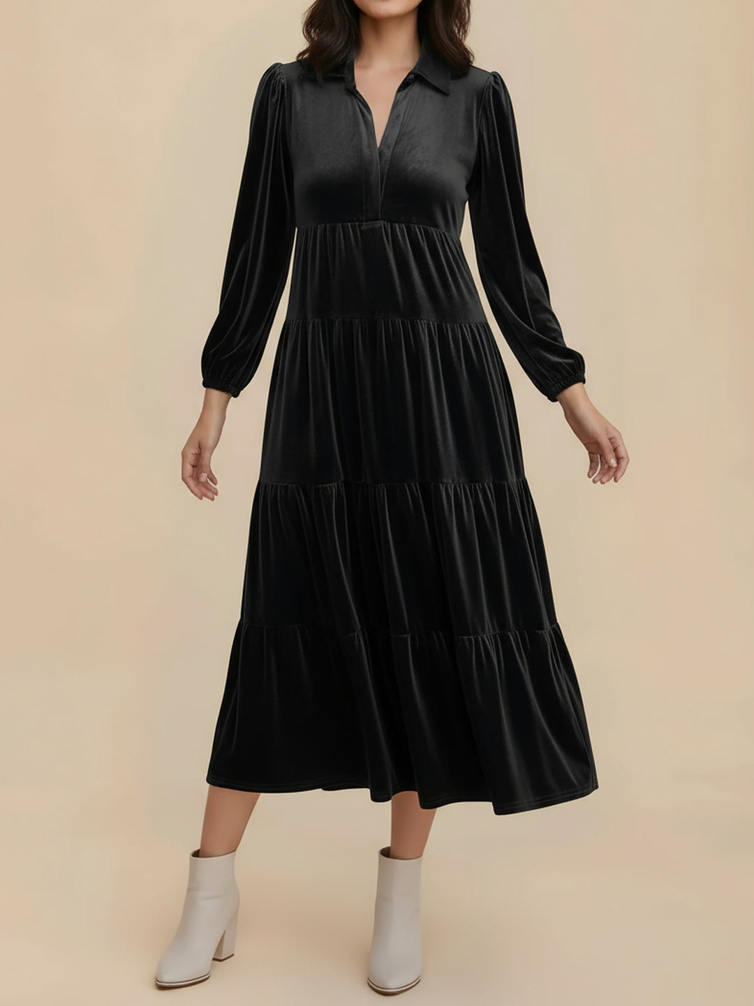Gabrielle Women Velvet Tiered Long Sleeve Midi Holiday Dress