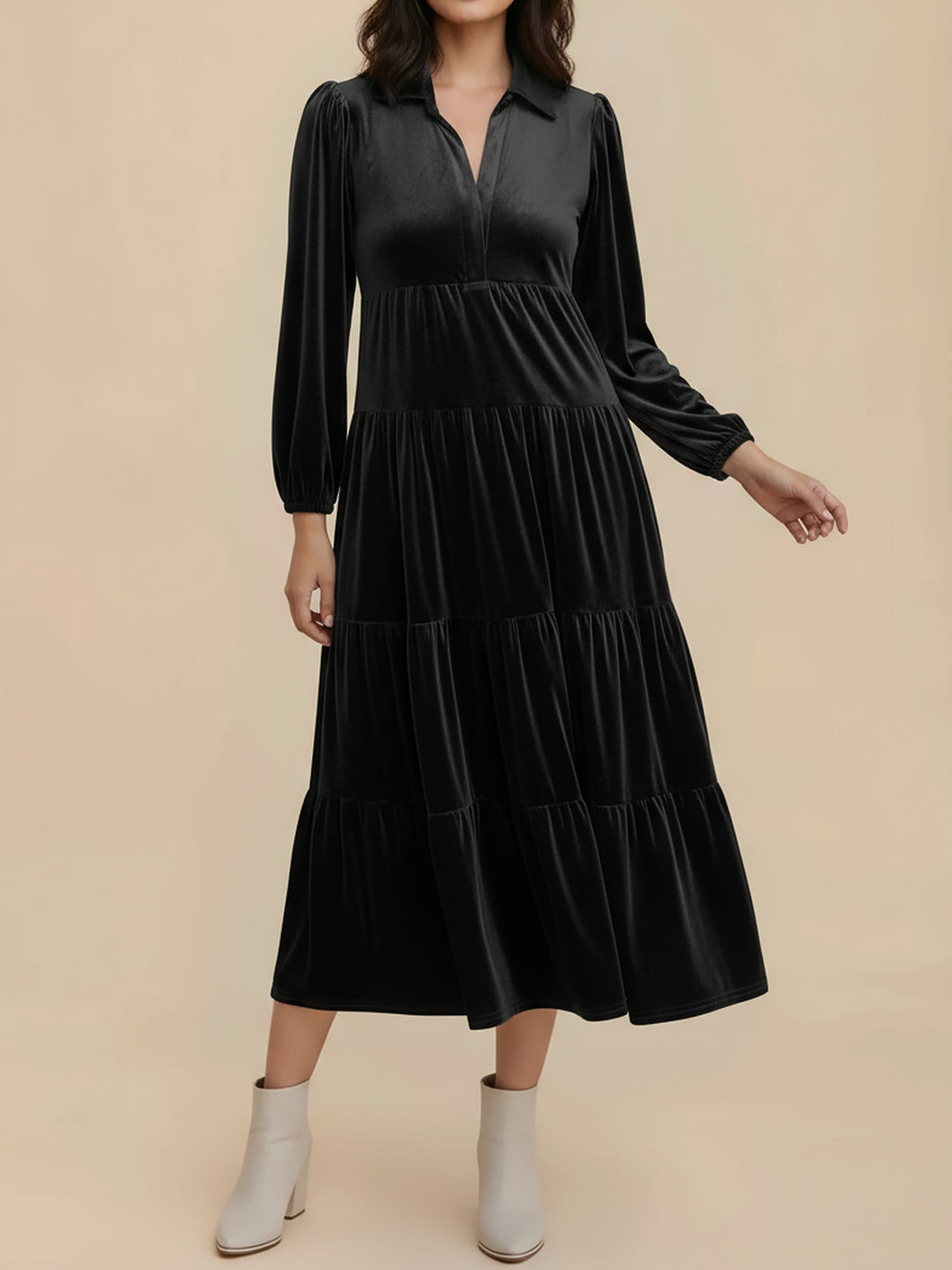 Gabrielle Women Velvet Tiered Long Sleeve Midi Holiday Dress