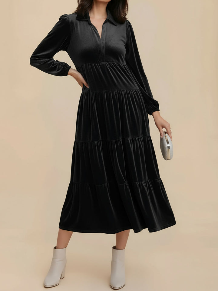 Gabrielle Women Velvet Tiered Long Sleeve Midi Holiday Dress