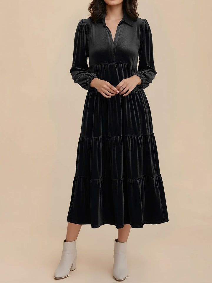 Gabrielle Women Velvet Tiered Long Sleeve Midi Holiday Dress