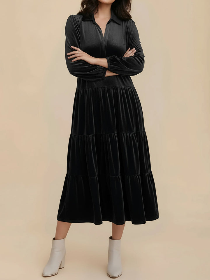 Gabrielle Women Velvet Tiered Long Sleeve Midi Holiday Dress
