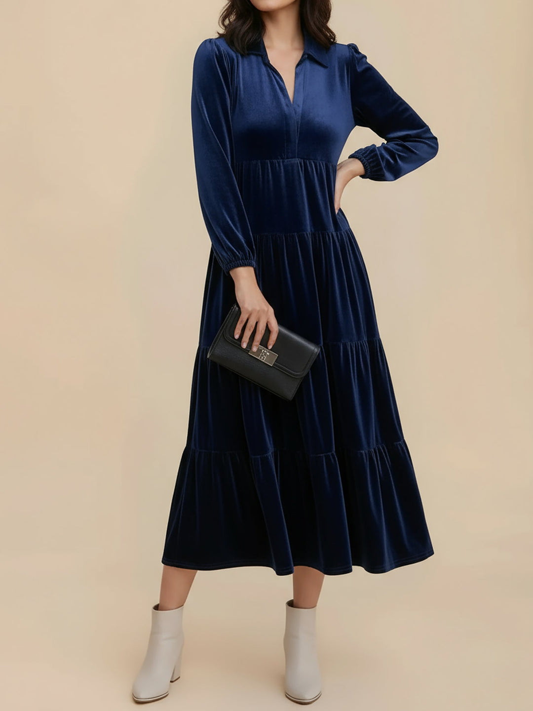 Gabrielle Women Velvet Tiered Long Sleeve Midi Holiday Dress