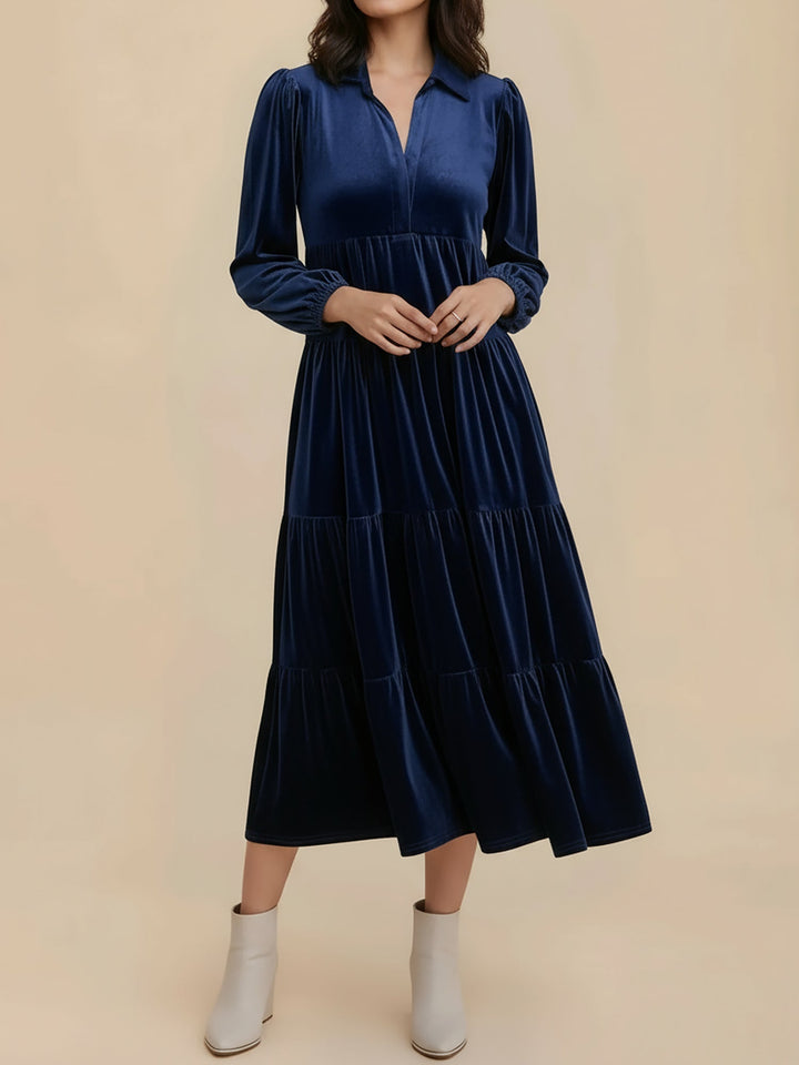 Gabrielle Women Velvet Tiered Long Sleeve Midi Holiday Dress
