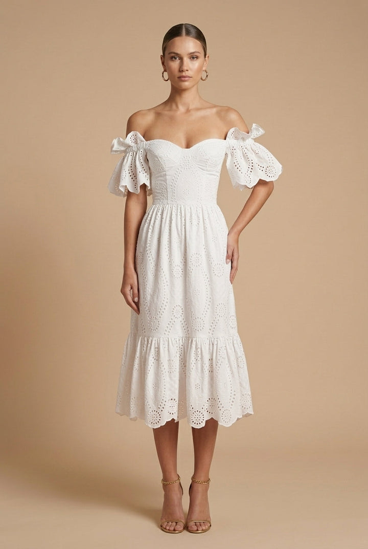 Clare | Women Eyelet Off Shoulder Winter Wedding Guest Dress