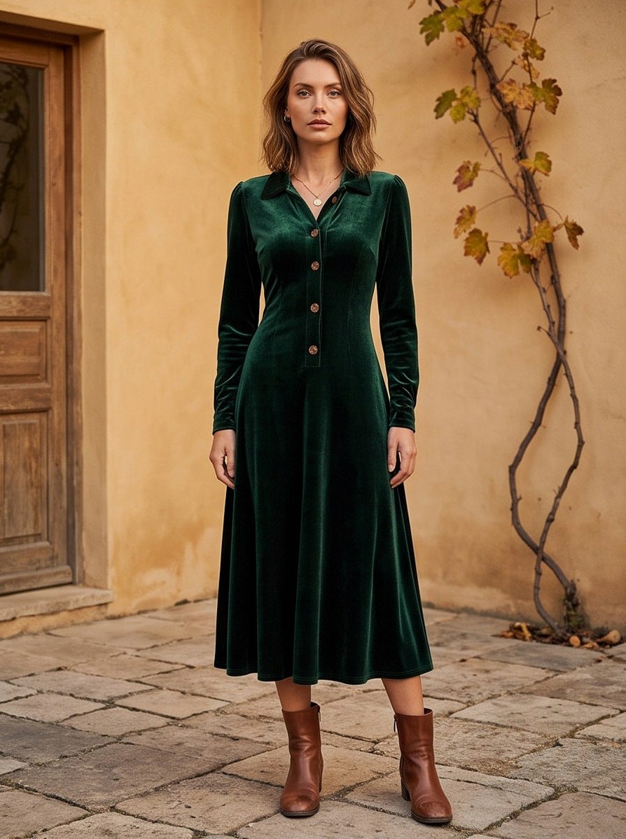 Dorotea Women Velvet Collared Button A Line Shirt Dress