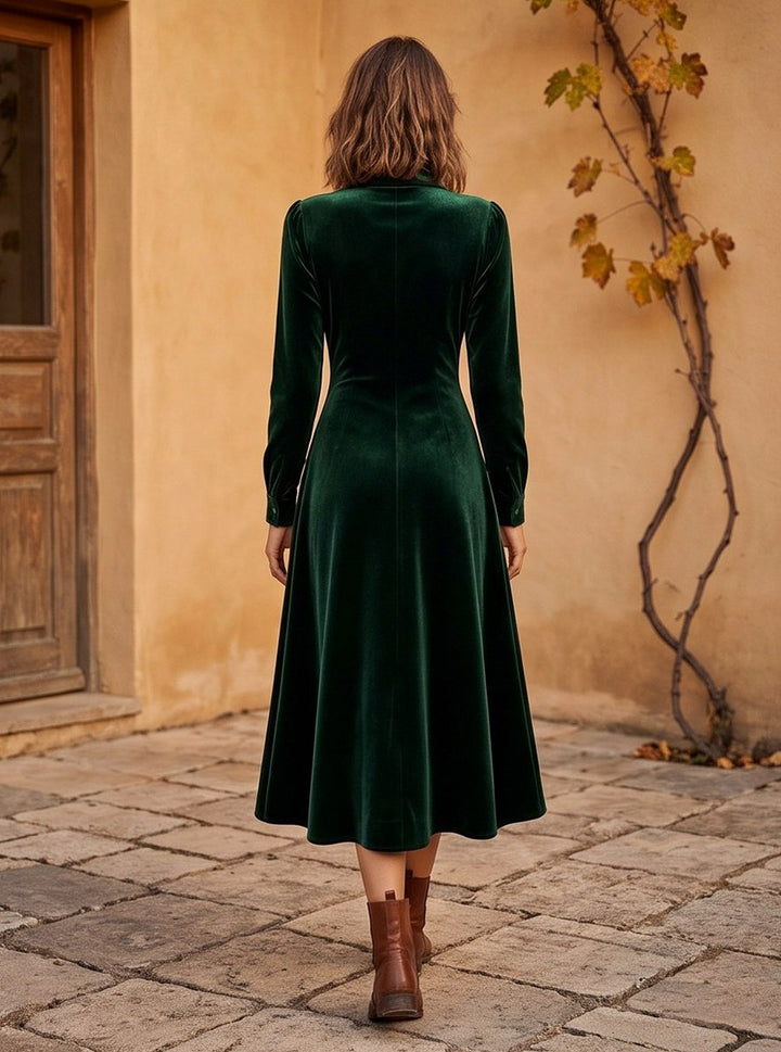 Dorotea Women Velvet Collared Button A Line Shirt Dress